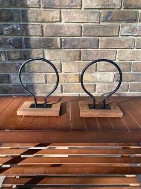 Pair of Rustic Black Metal Hoop Bookends on Wood Bases